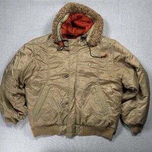 Vintage Y2K Southpole Bomber Jacket Faux Fur Hood Trim Zip Front Khaki Size XL